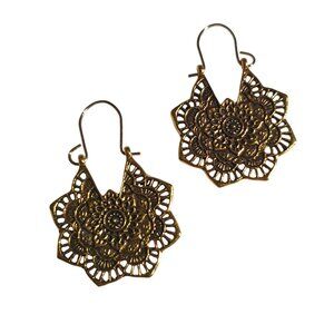 Mandala Gold Tone Boho Earrings Lightweight Dangle Hook Jewelry Textured Metal